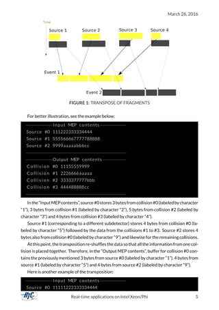 March 26, 2016
FIGURE 1: TRANSPOSE OF FRAGMENTS
For better illustration, see the example below:
−−−−−−−−−−Input MEP contents−−−−−−−−−−
Source #0 111222333334444
Source #1 555566667777788888
Source #2 9999aaaaabbbcc
−−−−−−−−−−−−−−−−−−−−−−−−−−−−−−−−−−−−−−
−−−−−−−−−−Output MEP contents−−−−−−−−−
C o l l i s i o n #0 11155559999
C o l l i s i o n #1 2226666aaaaa
C o l l i s i o n #2 3333377777bbb
C o l l i s i o n #3 444488888cc
−−−−−−−−−−−−−−−−−−−−−−−−−−−−−−−−−−−−−−
Inthe“InputMEPcontents”,source#0stores3bytesfromcollision#0(labeledbycharacter
“1”), 3 bytes from collision #1 (labeled by character “2”), 5 bytes from collision #2 (labeled by
character “3”) and 4 bytes from collision #3 (labeled by character “4”).
Source #1 (corresponding to a different subdetector) stores 4 bytes from collision #0 (la-
beled by character “5”) followed by the data from the collisions #1 to #3. Source #2 stores 4
bytes also from collision #0 (labeled by character “9”) and likewise for the remaining collisions.
At this point, the transposition re-shufﬂes the data so that all the information from one col-
lision is placed together. Therefore, in the “Output MEP contents”, buffer for collision #0 con-
tains the previously mentioned 3 bytes from source #0 (labeled by character “1”), 4 bytes from
source #1 (labeled by character “5”) and 4 bytes from source #2 (labeled by character “9”).
Here is another example of the transposition:
−−−−−−−−−−Input MEP contents−−−−−−−−−−
Source #0 11111222333334444
Real-time applications on Intel Xeon/Phi 5
 