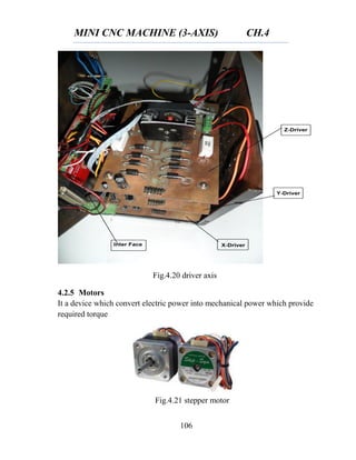 MINI CNC MACHINE (3-AXIS) CH.4
106
4.2.5 Motors
It a device which convert electric power into mechanical power which provide
required torque
Fig.4.20 driver axis
Fig.4.21 stepper motor
 