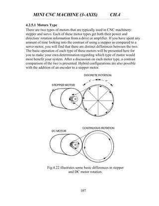MINI CNC MACHINE (3-AXIS) CH.4
107
4.2.5.1 Motors Type
There are two types of motors that are typically used in CNC machinery:
stepper and servo. Each of these motor types get both their power and
direction/ rotation information from a drive or amplifier. If you have spent any
amount of time looking into the contrast of using a stepper as compared to a
servo motor, you will find that there are distinct differences between the two.
The basic operation of each type of these motors will be presented here for
you to make your own determination regarding which type of motor would
most benefit your system. After a discussion on each motor type, a contrast
comparison of the two is presented. Hybrid configurations are also possible
with the addition of an encoder to a stepper motor.
Fig.4.22 illustrates some basic differences in stepper
and DC motor rotation.
 