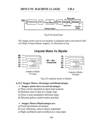 MINI CNC MACHINE (3-AXIS) CH.4
109
The stepper motor used in our machine is [unipolar motor converted to half
coil (High Torque) bipolar stepper]. As illustrated in Fig.
4.2.5.3 Stepper Motors Advantages and Disadvantages
 Stepper motors have several advantages:
a) They can be operated in open loop systems
b) Position error is that of a single step.
c) Error is non‐cumulative between steps
d) Discrete pulses control motor position
 Stepper Motors Disadvantages are:
a) Fixed increments of motion.
b) Low efficiency, driver choice important.
c) High oscillation and overshoot to a step input.
Fig.4.24 closed loop
Fig.4.25 unipolar motor as bipolar
 