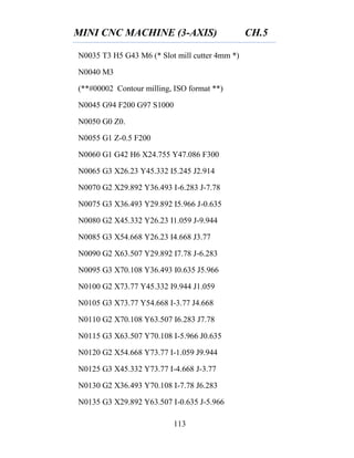 MINI CNC MACHINE (3-AXIS) CH.5
113
N0035 T3 H5 G43 M6 (* Slot mill cutter 4mm *)
N0040 M3
(**#00002 Contour milling, ISO format **)
N0045 G94 F200 G97 S1000
N0050 G0 Z0.
N0055 G1 Z-0.5 F200
N0060 G1 G42 H6 X24.755 Y47.086 F300
N0065 G3 X26.23 Y45.332 I5.245 J2.914
N0070 G2 X29.892 Y36.493 I-6.283 J-7.78
N0075 G3 X36.493 Y29.892 I5.966 J-0.635
N0080 G2 X45.332 Y26.23 I1.059 J-9.944
N0085 G3 X54.668 Y26.23 I4.668 J3.77
N0090 G2 X63.507 Y29.892 I7.78 J-6.283
N0095 G3 X70.108 Y36.493 I0.635 J5.966
N0100 G2 X73.77 Y45.332 I9.944 J1.059
N0105 G3 X73.77 Y54.668 I-3.77 J4.668
N0110 G2 X70.108 Y63.507 I6.283 J7.78
N0115 G3 X63.507 Y70.108 I-5.966 J0.635
N0120 G2 X54.668 Y73.77 I-1.059 J9.944
N0125 G3 X45.332 Y73.77 I-4.668 J-3.77
N0130 G2 X36.493 Y70.108 I-7.78 J6.283
N0135 G3 X29.892 Y63.507 I-0.635 J-5.966
 