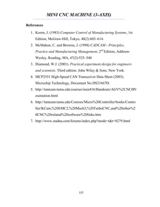 MINI CNC MACHINE (3-AXIS)
127
References
1. Koren, J. (1983) Computer Control of Manufacturing Systems, 1st
Edition, McGraw-Hill, Tokyo, 40(2):603–614.
2. McMahon, C. and Browne, J. (1998) CADCAM—Principles,
Practice and Manufacturing Management, 2nd
Edition, Addison-
Wesley, Reading, MA, 47(2):525–540
3. Diamond, W.J. (2001). Practical experiment design for engineers
and scientists. Third edition. John Wiley & Sons. New York.
4. MCP2551 High-Speed CAN Transceiver Data Sheet (2003).
Microchip Technology, Document No.DS21667D.
5. http://tamcam.tamu.edu/courses/inen416/Handouts/AGV%2CNC0Pr
esentation.html
6. http://tamcam.tamu.edu/Courses/Micro%20Controller/books/Contro
ller/KCam,%20EMC2,%20Mach3,%20TurboCNC,and%20other%2
0CNC%20related%20software%20links.htm
7. http://www.stadna.com/forums/index.php?mode=t&t=8279.html
 