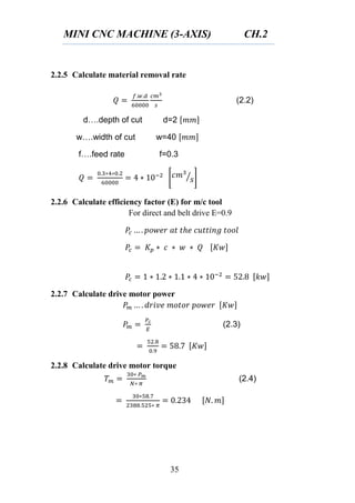 MINI CNC MACHINE (3-AXIS) CH.2
35
2.2.5 Calculate material removal rate
(2.2)
d….depth of cut d=2
w….width of cut w=40
f….feed rate f=0.3
* ⁄ +
2.2.6 Calculate efficiency factor (E) for m/c tool
For direct and belt drive E=0.9
2.2.7 Calculate drive motor power
(2.3)
2.2.8 Calculate drive motor torque
(2.4)
 
