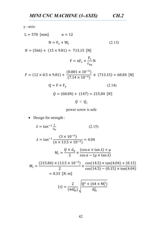 MINI CNC MACHINE (3-AXIS) CH.2
42
y –axis:
(2.13)
(2.14)
<
power screw is safe
 Design for strength :
(2.15)
{ } √
 