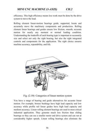 MINI CNC MACHINE (3-AXIS) CH.2
56
efficiency. This high efficiency means less work must be done by the drive
system to move the load.
Rolling element linear-motion bearings guide, supported, locate and
accurately move the machinery components and productizes. Rolling
element linear bearings and guides ensure low friction, smooth, accurate
motion for nearly any moment or normal loading condition.
Understanding the tradeoffs of each bearing type is important to accurately
size and select not only the right bearing, but also the right integrated
controls and components for the application. The right choice ensures
machine accuracy, repeatability, and life.
Fig. (2.10) Categories of linear motion system
You have a range of bearing and guide alternatives for accurate linear
motion. For example, bronze bushings have high load capacity and low
accuracy while profile rail linear guides have high load capacity and
medium accuracy. Linear rolling element bearings are used in most critical
industrial application. They generate much less friction than sliding
bearings so they can use a smaller motor and drive system and can run at
considerably higher speeds. Linear rolling bearings also eliminate the
 