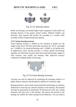 MINI CNC MACHINE (3-AXIS) CH.2
59
Fig. (2.12) Selection option
Roller rail bearings can handle higher loads compared to ball profile rail
bearings because of the greater contact surface .Machine builders can
downsize from atypical ball profile rail assembly to a smaller roller
assembly without compromising load capacity.
2.7.8 Linear bearing accuracy
Linear bearing accuracy is defined as the variation in height over the
length of the travel. The best achievable accuracies for 120 in. rail length
are +/-0.0008 in. for round rail bearings and +/-0.0001 in. for profile rails.
In applications where running accuracy is critical, profile rail bearings
typically can offer better accuracy than inch round rail bearings. Supper or
ultra accuracy class profile rail bearings offer improved accuracy
compared to standard profile rail bearings.
Fig. (2.13) Linear Bearing Accuracy
Accuracy can also be improved by machining the mounting surface to a
higher flatness tolerance and through the addition of a reference edge.
Bearing preload is used in both round and profile rail bearings to minimize
deflection be removing any internal clearance in the bearing. This preload
develops by generating an interference fit between the outer race, rolling
elements, and inner race of the bearing. The heavier the preload in the
bearing, the smaller the initial carriage-to-rail deflection. You can achieve
 