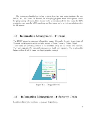 The teams are classied according to their objective: one team assistance for the
IM SC NA, one Team IM demand for managing projects, three development teams
for programmig softwares, three teams works as system analysts, two teams for PPS
consulting, one team for MES consulting and four teams works as systems Administrator
for IT section.
1.8 Information Management IT teams
The IM IT group is composed of multiple teams; Microsoft, Security team, team of
Network and Communication and also a team of Data Center  Private Cloud.
These teams are providing services to the local ITs. They are the second level support.
They are supported by external companies as third level support. The relationship
between these levels is based on client-provider concept.
Figure 1.7: IT Support levels
1.9 Information Management IT Security Team
Leoni uses Enterprise solutions to manage its products.
8
 