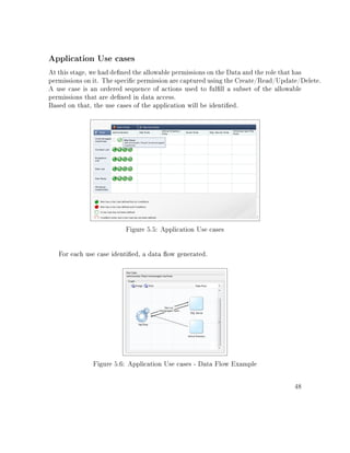 Application Use cases
At this stage, we had dened the allowable permissions on the Data and the role that has
permissions on it. The specic permission are captured using the Create/Read/Update/Delete.
A use case is an ordered sequence of actions used to fulll a subset of the allowable
permissions that are dened in data access.
Based on that, the use cases of the application will be identied.
Figure 5.5: Application Use cases
For each use case identied, a data ow generated.
Figure 5.6: Application Use cases - Data Flow Example
48
 