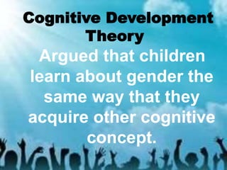 Cognitive Development
Theory
Argued that children
learn about gender the
same way that they
acquire other cognitive
concept.
 