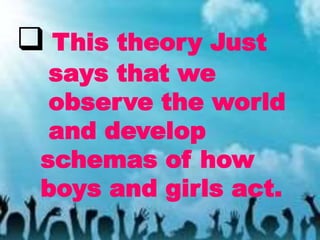  This theory Just
says that we
observe the world
and develop
schemas of how
boys and girls act.
 
