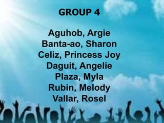 GROUP 4
Aguhob, Argie
Banta-ao, Sharon
Celiz, Princess Joy
Daguit, Angelie
Plaza, Myla
Rubin, Melody
Vallar, Rosel
 
