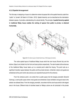 Adaptation of vernacular Malay architecture into contemporary design of the Telegraph Pole House, Langkawi
4.3.2 Spatial Arrangement
The first step in designing a house is to determine where its spaces fall on the spatial hierarchy scale from
“public” to “private” (​M Saatci & D Onder, 2015). Spatial hierarchy can be described as the interrelation
between spaces. It provides understanding of a cultural identity. The principle of ​spatial hierarchy applied
in traditional Malay house enables the ranking of spaces from public to private, is obtained
horizontally​.
Figure 4.12​: The Internal Layout of Andak Endah House, 1920 (Image by the Author).
The entire spatial layout of traditional Malay house which the core house (​Rumah Ibu) and the
kitchen (​Dapur) are divided into the front and back portions respectively. The stair located at the entrances
of the traditional Malay house leads up to a covered porch called the Anjung. The porch acts as a
significant transition space between the public and the private domains. Unfamiliar visitors and guests are
entertained at the porch which also serves as an essential focal point for the entrance.
From the entrance porch, one enters from a public space into the hanging verandah (​Serambi
Gantung), a semi-public space where most guests are entertained. Good ventilation and good views to the
exterior are allowed there. From the hanging verandah, one enters into the core house which is the largest
area in the house. Different kinds of activities based on Malays culture are all conducted in this private
ARC 2213/2234 Asian Architecture 28
 