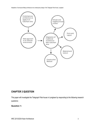 Adaptation of vernacular Malay architecture into contemporary design of the Telegraph Pole House, Langkawi
CHAPTER 3 QUESTION
This paper will investigate the Telegraph Pole house in Langkawi by responding to the following research
questions:
Question 1:
ARC 2213/2234 Asian Architecture 3
 