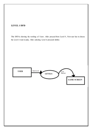 LEVEL 1 DFD
This DFD is showing the working of Users . After proceed from Level 0 , Now user has to choose
the Level it want to play. After selecting Level it proceeds further.
 