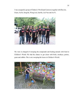 10
I was assignedin group of Chidren’s Worldand Carnivore together with Ren Jet,
Gwen, Jia En, Seng He, Weng Lok, Jian Ru, Lek Vun and Jia Yi.
We were in charged of sweeping the compounds and feeding animals with food in
Children’s World. We had the chance to get closer with birds, monkeys, ponies,
goats and rabbits. This is me sweeping the leaves in Children’s World.
 