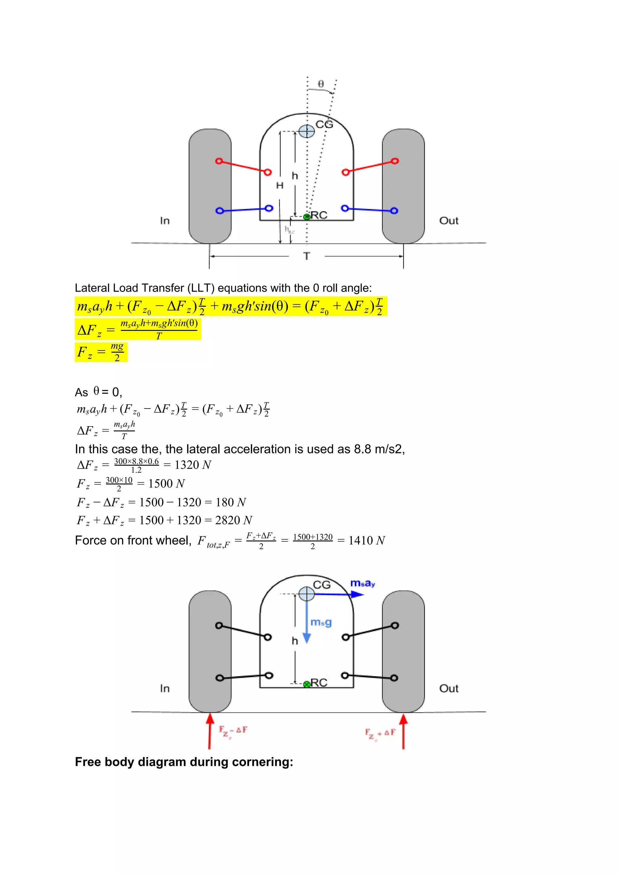 Lateral Load Transfer (LLT) equations with the 0 roll angle:
a h F F ) gh sin(θ) F F )ms y + ( z0
− Δ z 2
T
+ ms ′ = ( z0
+ Δ z 2
T
FΔ z = T
m a h+m gh sin(θ)s y s ′
Fz = 2
mg
As = 0,θ
a h F F ) F F )ms y + ( z0
− Δ z 2
T
= ( z0
+ Δ z 2
T
FΔ z = T
m a hs y
In this case the, the lateral acceleration is used as 8.8 m/s2,
F 320 NΔ z = 1.2
300×8.8×0.6
= 1
500 NFz = 2
300×10
= 1
F 500 320 80 NFz − Δ z = 1 − 1 = 1
F 500 320 820 NFz + Δ z = 1 + 1 = 2
Force on front wheel, 410 NFtot,z,F = 2
F +ΔFz z
= 2
1500+1320
= 1
Free body diagram during cornering:
 