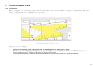 3.1 SOUND REINFORCEMENT SYSTEM
3.1.2 SOUND SYSTEM
A typical sound system in an auditorium may include a combination of microphones, signal processors amplifiers and loudspeaker in speaker cabinets. These system
reinforce sound to enhance its volume, then distribute it to a larger audience.
Figure 3.1.1.4 shows the position of speakers in section
Problem associated with sound system .
- Audience will hear two sounds arriving at two separates times. The ideal difference shall not be more than 1/30 seconds
- When the speaker is placed halfway down the auditorium, the audience might hear the sound from the loudspeaker first, followed by the direct sound as a
faint echo. This problem could be solved by adding a delayed mechanism in the loudspeaker
- The distance of the speaker is far from audience , sound attenuation might occur, the sound path is affected which reduces the intelligibility.
22
 