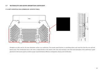3.7.6 SOFT ACOUSTICAL WALL (FIBREGLASS ACOUSTIC PANEL)
Fibreglass are often used for the most absorption surface in an auditorium. The acoustic panel function as controlling echoes, and sound foci from the rear wall and
balcony faces. The reverberation time in the room is related directly to the volume of the room and, inversely, to the total sound absorption of the auditorium. A good
placement of soft acoustic panel can achieve proper sound distribution diffusion, envelopment, intimacy and reverberation.
3.7 MATERIALITY AND SOUND ABSORPTION COEFFICIENT
43
 
