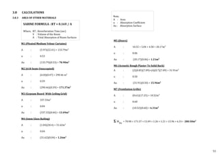 M1 (Pleated Medium Velour Curtains)
A : (5.97)(22.41) = 133.79m2
⍺ : 0.53
A⍺ : (133.79)(0.53) = 70.90m2
M2 (618 Seats-Unoccupied)
A : (618)(0.47) = 290.46 m2
⍺ : 0.59
A⍺ : (290.46)(0.59) = 171.37m2
M3 (Gypsum Board With Ceiling Grid)
A : 337.33m2
⍺ : 0.04
A⍺ : (337.33)(0.04) = 13.49m2
M4 (6mm Glass Railing)
A : (1.04)(30.4) = 31.62m2
⍺ : 0.04
A⍺ : (31.62)(0.04) = 1.26m2
SABINE FORMULA : RT = 0.16V / A
Where, RT : Reverberation Time (sec)
V : Volume of the Room
A : Total Absorption of Room Surfaces
M5 (Doors)
A : 10.55 + 5.04 + 4.58 = 20.17m2
⍺ : 0.06
A⍺ : (20.17)(0.06) = 1.21m2
M6 (Acoustic Rough Plaster To Solid Back)
A : (2)(0.85)(7.09)+(4)(0.7)(7.09) = 31.91m2
⍺ : 0.50
A⍺ : (31.91)(0.50) = 15.96m2
M7 (Ventilation Grille)
A : (0.61)(17.25) = 10.52m2
⍺ : 0.60
A⍺ : (10.52)(0.60) = 6.31m2
M
A⍺
= 70.90 + 171.37 + 13.49 + 1.26 + 1.21 + 15.96 + 6.31= 280.50m2
Note,
A : Area
⍺ : Absorption Coefficient
A⍺ : Absorption Surface
3.8 CALCULATIONS
3.8.3 AREA OF OTHER MATERIALS
53
 