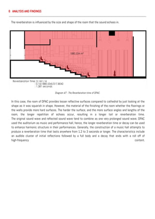 The reverberation is influenced by the size and shape of the room that the sound echoes in.
Diagram 47 : The Reverberation time of DPAC.
In this case, the room of DPAC provides lesser reflective surfaces compared to cathedral by just looking at the
shape as it was squarish in shape. However, the material of the finishing of the room whether the floorings or
the walls provide more hard surfaces. The harder the surface, and the more surface angles and lengths of the
room, the longer repetition of echoes occur, resulting in a longer tail or reverberation time.
The original sound wave and reflected sound wave tend to combine as one very prolonged sound wave. DPAC
used the auditorium as music and performance hall, hence, the longer reverberation time or decay can be used
to enhance harmonic structure in their performances. Generally, the construction of a music hall attempts to
produce a reverberation time that lasts anywhere from 1.2 to 3 seconds or longer. The characteristics include
an audible cluster of initial reflections followed by a full body and a decay that ends with a roll off of
high-frequency content.
6 ANALYSIS AND FINDINGS
 