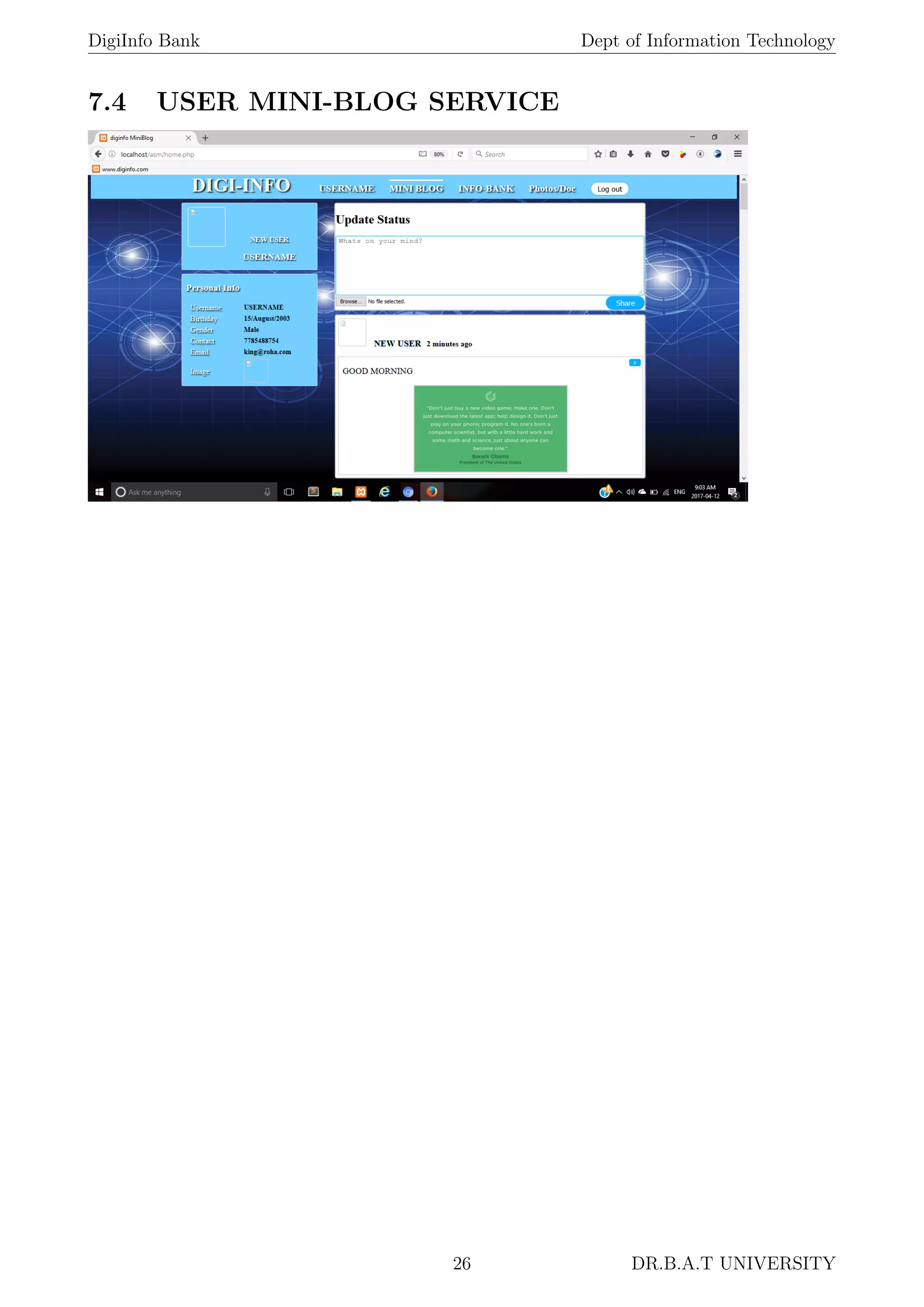 DigiInfo Bank Dept of Information Technology
7.4 USER MINI-BLOG SERVICE
26 DR.B.A.T UNIVERSITY
 