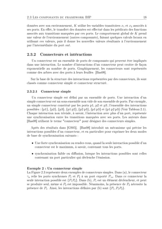 2.3 Les composants du framework BIP 18
données avec son environnement, K utilise les variables transitoires x1 et x2 associés à
ses ports. En eet, le transfert des données est eectué dans les prédicats des fonctions
associés aux transitions marquées par ces ports. Le comportement global de K prend
une valeur de l'environnement (autres composants), faisant quelques calculs locaux en
utilisant ces valeurs, puis il donne les nouvelles valeurs résultants à l'environnement
par l'intermédiaire du port out.
2.3.2 Connecteurs et intéractions
Un connecteur est un ensemble de ports de composants qui peuvent être impliqués
dans une interaction. Le nombre d'interactions d'un connecteur peut croître de façon
exponentielle au nombre de ports. Graphiquement, les connecteurs sont représentés
comme des arbres avec des ports à leurs feuilles [Bas08].
Sur la base de la structure des interactions représentées par des connecteurs, ils sont
classés comme connecteur simple et connecteur structuré.
2.3.2.1 Connecteur simple
Un connecteur simple est déni par un ensemble de ports. Une interaction d'un
simple connecteur est un sous-ensemble non vide de son ensemble de ports. Par exemple,
un simple connecteur constitué par les ports p1, p2 et p3; l'ensemble des interactions
possibles : {p1}, {p2}, {p3}, {p1 p2}, {p2 p3}, {p1 p3} et {p1 p2 p3} (Voir Tableau 2.1).
Chaque interaction non triviale, à savoir, l'interaction avec plus d'un port, représente
une synchronisation entre les transitions marquées avec ses ports. Les auteurs dans
[Bas08] utilisent le terme connecteur pour désigner des connecteurs simples.
Après des résultats dans [GS05], [Bas08] introduit un mécanisme qui précise les
interactions possibles d'un connecteur, et en particulier pour exprimer les deux modes
de base de synchronisation suivants :
ˆ Une forte synchronisation ou rendez-vous, quand la seule interaction possible d'un
connecteur est le maximum, à savoir, contenant tous les ports.
ˆ synchronisation faible ou diusion, lorsque les interactions possibles sont celles
contenant un port particulier qui déclenche l'émission.
Exemple 2 : Un connecteur simple
La Figure 2.3 représente deux exemples de connecteurs simples. Dans (a), le connecteur
γa relie les ports synchrones P1 et P2 à un port exporté Pγa. Dans ce connecteur la
seule interaction possible est {P1P2}. Dans (b), P1 est un élément déclencheur, et peut
se produire seul, même si P2 est impossible. Néanmoins, la présence de P2 nécessite la
présence de P1. Ainsi, les interactions dénies par (b) sont {P1, P1P2}.
 