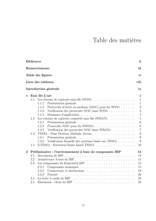 Table des matières
Dédicaces ii
Remerciements iii
Table des gures vi
Liste des tableaux viii
Introduction générale ix
1 Etat De L'art 1
1.1 Les réseaux de capteurs sans ls (WSN) . . . . . . . . . . . . . . . . . 1
1.1.1 Présentation générale . . . . . . . . . . . . . . . . . . . . . . . . 1
1.1.2 Protocoles d'accès au medium (MAC) pour les WSNs . . . . . . 2
1.1.3 Vérication des protocoles MAC dans WSNs . . . . . . . . . . . 4
1.1.4 Domaines d'application . . . . . . . . . . . . . . . . . . . . . . . 5
1.2 Les réseaux de capteurs corporels sans ls (WBAN) . . . . . . . . . . . 5
1.2.1 Présentation générale . . . . . . . . . . . . . . . . . . . . . . . . 6
1.2.2 Protocoles MAC pour les WBANs . . . . . . . . . . . . . . . . . 6
1.2.3 Vérication des protocoles MAC dans WBANs . . . . . . . . . . 7
1.3 TDMA : Time Division Multiple Access . . . . . . . . . . . . . . . . . . 9
1.3.1 Présentation générale . . . . . . . . . . . . . . . . . . . . . . . . 9
1.3.2 Vérication formelle des systèmes basés sur TDMA . . . . . . . 9
1.4 S-TDMA : Statistical frame based TDMA . . . . . . . . . . . . . . . . 10
2 Préliminaires : l'environnement à base de composants BIP 13
2.1 Description de BIP . . . . . . . . . . . . . . . . . . . . . . . . . . . . . 13
2.2 Architecture 3-tiers de BIP . . . . . . . . . . . . . . . . . . . . . . . . . 14
2.3 Les composants du framework BIP . . . . . . . . . . . . . . . . . . . . 15
2.3.1 Composants atomiques . . . . . . . . . . . . . . . . . . . . . . . 15
2.3.2 Connecteurs et intéractions . . . . . . . . . . . . . . . . . . . . 18
2.3.3 Priorité . . . . . . . . . . . . . . . . . . . . . . . . . . . . . . . 20
2.4 La boite à outils de BIP . . . . . . . . . . . . . . . . . . . . . . . . . . 20
2.5 Discussion : choix du BIP . . . . . . . . . . . . . . . . . . . . . . . . . 23
iv
 