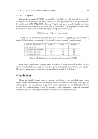 4.2 Analyse et résultats expérimentaux 50
4.2.2.4 L'équité
Comme le protocole S-TDMA est considéré équitable, la vérication de la propriété
de l'équité est essentielle. En eet, l'équité est une propriété clé en ce qui concerne
les protocoles MAC [NKGB00]. Assurer l'équité par un protocole signie que tous
les n÷uds auront nalement un canal s'ils le demandent. La propriété de l'équité est
formellement décrite en utilisant la logique temporelle comme suit :
AG (SRi =⇒ (F SDi U (size == 0)))
Le tableau 4.7 illustre les résultats liés à la propriété d'équité qui sont obtenus à
partir de l'exécution en temps réel de modèle comme proposé précédemment.
Nombre d'accès au ca-
nal par scène
N÷ud 1 N÷ud 2 N÷ud 3
Personne qui marche 11 11 11
Personne qui court 16 16 16
Personne qui dort 26 26 26
Table 4.7: Vérication de l'équité sur le protocole S-TDMA
Nous avons calculé pour chaque n÷ud le nombre d'accès au canal pendant 10 mi-
nutes. Les résultats montrent que tous les n÷uds obtiennent un accès au canal équita-
blement et alors notre modèle proposé satisfait la propriété de l'équité.
Conclusion
Grâce au modèle obtenu dans le chapitre précédent et par model-checking, nous
avons validé formellement que le comportement du protocole est bien celui que les
auteurs [CNI+
13] souhaitions, et que les bornes temporelles de ses diérents services
(trame de synchronisation, trame de requêtes, trame statistique, trame de données)
sont bien égales à celles que les avaient trouvées de manière analytique.
 