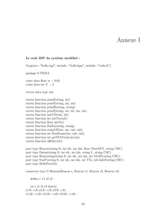 Annexe I
Le code BIP du système modélisé :
@cpp(src=hello.cpp, include=hello.hpp, include=stdio.h)
package S-TDMA
const data oat ts = 0.05
const data int N = 3
extern data type tab
extern function printf(string, int)
extern function printf(string, int, int)
extern function print(string, string)
extern function printf(string, int, int, int, int)
extern function initVD(tab, int)
extern function int initNoeud()
extern function oat initTs()
extern function Radio(string, string)
extern function rempVD(int, int, tab, tab)
extern function int StatFrame(int, tab, tab)
extern function int getSTAT(tab,int,int)
extern function ache(tab)
port type Beacon(string ft, int idc, int idn, oat TimeSYN, string CRC)
port type Dataa(string ft, int idc, int idn, string L, string CRC)
port type Requesting(string ft, int idc, int idn, int NbrRS,string CRC)
port type StatF(string ft, int idc, int idn, int TTs, tab InfoP,string CRC)
port type HelloPortt3()
connector type C-Beacon(Beacon s, Beacon r1, Beacon r2, Beacon r3)
dene s' r1 r2 r3
on s r1 r2 r3 down{
r1.ft=s.ft;r2.ft=s.ft;r3.ft=s.ft ;
r1.idc=s.idc;r2.idc=s.idc ;r3.idc=s.idc;
59
 
