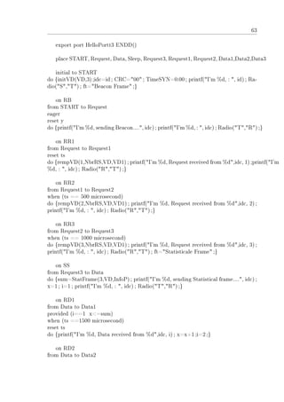 63
export port HelloPortt3 ENDD()
place START, Request, Data, Sleep, Request3, Request1, Request2, Data1,Data2,Data3
initial to START
do {initVD(VD,3);idc=id; CRC=00; TimeSYN=0.00 ; printf(I'm %d, : , id); Ra-
dio(S,T); ft=Beacon Frame ;}
on RB
from START to Request
eager
reset y
do {printf(I'm %d, sending Beacon...., idc); printf(I'm %d, : , idc); Radio(T,R);}
on RR1
from Request to Request1
reset ts
do {rempVD(1,NbrRS,VD,VD1); printf(I'm %d, Request received from %d,idc, 1);printf(I'm
%d, : , idc); Radio(R,T);}
on RR2
from Request1 to Request2
when (ts == 500 microsecond)
do {rempVD(2,NbrRS,VD,VD1); printf(I'm %d, Request received from %d,idc, 2);
printf(I'm %d, : , idc); Radio(R,T);}
on RR3
from Request2 to Request3
when (ts == 1000 microsecond)
do {rempVD(3,NbrRS,VD,VD1); printf(I'm %d, Request received from %d,idc, 3);
printf(I'm %d, : , idc); Radio(R,T); ft=Statisticale Frame;}
on SS
from Request3 to Data
do {sum=StatFrame(3,VD,InfoP); printf(I'm %d, sending Statistical frame...., idc);
x=1; i=1 ; printf(I'm %d, : , idc); Radio(T,R);}
on RD1
from Data to Data1
provided (i==1 x=sum)
when (ts ==1500 microsecond)
reset ts
do {printf(I'm %d, Data received from %d,idc, i); x=x+1;i=2;}
on RD2
from Data to Data2
 