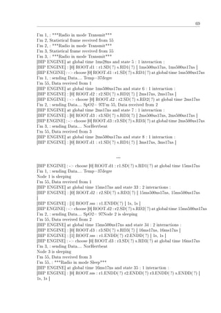 69
I'm 1, : ***Radio in mode Transmit***
I'm 2, Statistical frame received from 55
I'm 2, : ***Radio in mode Transmit***
I'm 3, Statistical frame received from 55
I'm 3, : ***Radio in mode Transmit***
[BIP ENGINE] at global time 1ms28ns and state 5 : 1 interaction :
[BIP ENGINE] : [0] ROOT.d1 : r1.SD(?) s.RD1( ?) [ 1ms500us17ns, 1ms500us17ns ]
[BIP ENGINE] : - choose [0] ROOT.d1 : r1.SD(?) s.RD1(?) at global time 1ms500us17ns
I'm 1, : sending Data.... Temp=37degre
I'm 55, Data received from 1
[BIP ENGINE] at global time 1ms500us17ns and state 6 : 1 interaction :
[BIP ENGINE] : [0] ROOT.d2 : r2.SD(?) s.RD2( ?) [ 2ms17ns, 2ms17ns ]
[BIP ENGINE] : - choose [0] ROOT.d2 : r2.SD( ?) s.RD2(?) at global time 2ms17ns
I'm 2, : sending Data.... SpO2= 97I'm 55, Data received from 2
[BIP ENGINE] at global time 2ms17ns and state 7 : 1 interaction :
[BIP ENGINE] : [0] ROOT.d3 : r3.SD(?) s.RD3( ?) [ 2ms500us17ns, 2ms500us17ns ]
[BIP ENGINE] : - choose [0] ROOT.d3 : r3.SD(?) s.RD3(?) at global time 2ms500us17ns
I'm 3, : sending Data.... NorHertbeat
I'm 55, Data received from 3
[BIP ENGINE] at global time 2ms500us17ns and state 8 : 1 interaction :
[BIP ENGINE] : [0] ROOT.d1 : r1.SD(?) s.RD1( ?) [ 3ms17ns, 3ms17ns ]
...
[BIP ENGINE] : - choose [0] ROOT.d1 : r1.SD(?) s.RD1(?) at global time 15ms17ns
I'm 1, : sending Data.... Temp=37degre
Node 1 is sleeping
I'm 55, Data received from 1
[BIP ENGINE] at global time 15ms17ns and state 33 : 2 interactions :
[BIP ENGINE] : [0] ROOT.d2 : r2.SD(?) s.RD2(?) [ 15ms500us17ns, 15ms500us17ns
]
[BIP ENGINE] : [1] ROOT.sss : r1.ENDD(?) [ 1s, 1s ]
[BIP ENGINE] : - choose [0] ROOT.d2 : r2.SD(?) s.RD2(?) at global time 15ms500us17ns
I'm 2, : sending Data.... SpO2= 97Node 2 is sleeping
I'm 55, Data received from 2
[BIP ENGINE] at global time 15ms500us17ns and state 34 : 2 interactions :
[BIP ENGINE] : [0] ROOT.d3 : r3.SD(?) s.RD3( ?) [ 16ms17ns, 16ms17ns ]
[BIP ENGINE] : [1] ROOT.sss : r1.ENDD(?) r2.ENDD(?) [ 1s, 1s ]
[BIP ENGINE] : - choose [0] ROOT.d3 : r3.SD(?) s.RD3(?) at global time 16ms17ns
I'm 3, : sending Data.... NorHertbeat
Node 3 is sleeping
I'm 55, Data received from 3
I'm 55, : ***Radio in mode Sleep***
[BIP ENGINE] at global time 16ms17ns and state 35 : 1 interaction :
[BIP ENGINE] : [0] ROOT.sss : r1.ENDD(?) r2.ENDD(?) r3.ENDD(?) s.ENDD(?) [
1s, 1s ]
 