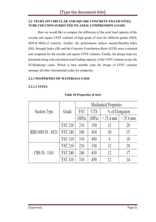 [Type the document title]
[Type text] Page 21
2.2 STUDY ON CIRCULAR AND SQUARE CONCRETE FILLED STEEL
TUBE COLUMNS SUBJECTED TO AXIAL COMPRESSION LOADS
Here we would like to compare the difference of the axial load capacity of the
circular and square CFST columns of high grade of steel for different grades (M20,
M30 & M40) of concrete. Further, the performance indices named Ductility Index
(DI), Strength Index (SI) and the Concrete Contribution Ratio (CCR) were evaluated
and compared for the circular and square CFST columns. Finally, the design steps are
presented along with calculated axial loading capacity of the CFST columns as per the
EC4[6]design codes. Which is best suitable code for design of CFST columns
amongst all other international codes for composite.
2.2.1 PEOPERTIES OF MATERIALS USED
2.2.1.1 STEEL
Table 10 Properties of steel
 