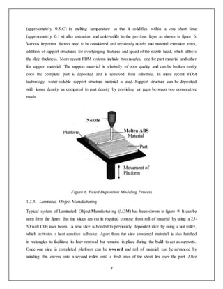 7
(approximately 0.5 C) its melting temperature so that it solidifies within a very short time
(approximately 0.1 s) after extrusion and cold-welds to the previous layer as shown in figure 6.
Various important factors need to be considered and are steady nozzle and material extrusion rates,
addition of support structures for overhanging features and speed of the nozzle head, which affects
the slice thickness. More recent FDM systems include two nozzles, one for part material and other
for support material. The support material is relatively of poor quality and can be broken easily
once the complete part is deposited and is removed from substrate. In more recent FDM
technology, water-soluble support structure material is used. Support structure can be deposited
with lesser density as compared to part density by providing air gaps between two consecutive
roads.
Figure 6. Fused Deposition Modeling Process
1.3.4. Laminated Object Manufacturing
Typical system of Laminated Object Manufacturing (LOM) has been shown in figure 9. It can be
seen form the figure that the slices are cut in required contour from roll of material by using a 25-
50 watt CO2 laser beam. A new slice is bonded to previously deposited slice by using a hot roller,
which activates a heat sensitive adhesive. Apart from the slice unwanted material is also hatched
in rectangles to facilitate its later removal but remains in place during the build to act as supports.
Once one slice is completed platform can be lowered and roll of material can be advanced by
winding this excess onto a second roller until a fresh area of the sheet lies over the part. After
 
