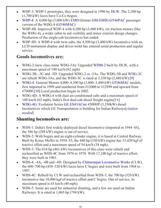 42
 WDP-3: WDP-1 prototypes, they were designed in 1996 by DLW. The 2,300 hp
(1,700 kW) locos have Co-Co bogies.
 WDP-4: A 4,000 hp (3,000 kW) EMD (former GM-EMD) GT46PAC passenger
version of the WDG-4 (GT46MAC)
 WDP-4B: Improved WDP-4 with 4,500 hp (3,400 kW), six traction motors (like
the WDG-4), a wider cabin to aid visibility and minor exterior design changes.
Production of the single-cab locomotives has ended.
 WDP 4D: A WDP-4 with twin cabs, the 4,500 hp (3,400 kW) locomotive with an
LCD instrument display and driver toilet has entered serial production and regular
service.
Goods locomotives are:
 WDG-2 (new class name WDG-3A): Upgraded WDM-2 built by DLW, with a
maximum speed of 100 km/h (62 mph)
 WDG-3B, -3C and -3D: Upgraded WDG-2 or -3As. The WDG-3B and WDG-3C
are rebuilt WDG-3As, and the WDG-3C is rated at 3,330 hp (2,480 kW).[9]
 WDG-4: General Motors 4,000–4,500 hp (3,000–3,400 kW) GT46MAC models,
first imported in 1999 and numbered from #12000 to #12999 and upward from
#70000.[10] Local production began in 2002.
 WDG-4D: A WDG-4 with dual air-conditioned cabs and a maximum speed of
100 km/h (62 mph), India's first dual-cab diesel freight engine[11]
 WDG-4G: Evolution Series GE ES43ACmi 4500HP (3,350kW) diesel
locomotives which GE Transportation is building for Indian Railways[citation
needed]
Shunting locomotives are:
 WDS-1: India's first widely-deployed diesel locomotive (imported in 1944–45),
the 386 hp (288 kW) engine is out of service.
 WDS-2: With bogies and an eight-cylinder engine, it is based at Central Railway.
Built by Kraus Maffei in 1954–55, the 440 hp (330 kW) engine has 15,420 kgf of
tractive effort and a maximum speed of 54 km/h (34 mph).
 WDS-3: The 618 hp (461 kW) locomotives of this class were rebuilt and
reclassified as WDS-4C from 1976 to 1978. With 17,100 kgf of tractive effort,
they were built in 1961.
 WDS-4, -4A, -4B and -4D: Designed by Chittaranjan Locomotive Works (CLW),
the 600–700 hp (450–520 kW) locos have C bogies and were built from 1968 to
1997.
 WDS-4C: Rebuilt by CLW and reclassified from WDS-3, the 700 hp (520 kW)
locomotive has 18,000 kgf of tractive effort and C bogies. Out of service, its
maximum speed is 65 km/h (40 mph).
 WDS-5: Some are used for industrial shunting, and a few are used on Indian
Railways. It is rated at 1,065 hp (794 kW).
 