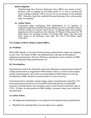 45
(b)Investigation:
Modified high flow Pressure Reducing Valve (PRV) was tested at firm’s
premises with air leakage by providing choke of 1.2 mm to simulate the
actual working condition. There was no loss of air pressure in the modified
PRV. Therefore, high flow modified Pressure Reducing Valve with metallic
body was adopted.
(c) Action Taken:
Consequent upon satisfactory field performance of 12 numbers of
indigenous high flow modified Pressure Reducing Valve of metallic body at
pressure setting of 6 kg/cm2
and 8 kg/cm2
in parking brake and auxiliary
equipment circuit respectively, the clearance for fitment of the same in E-70
brake panel was accorded in place of existing SMC make. The letter had
been issued to all Railways vide letter No. EL/3.2.19/3-Phase dated
14.06.2013.
2.5.3 Failure of Driver Brake Control (DBC):
(a) Problem:
When DBC Handle, is moved to Neutral position, potentiometer output was dropping
to zero volts. The failure of DBC was attributed due to the play in the handle of
indigenous potentiometer. However, Railways reported few cases of failures of DBC
fitted with imported make potentiometers too.
(b) Investigation:
Potentiometers used to be checked by ohm-meter (Resistance measurement) instead of
voltage measurement as suggested in OEM manual. There is a need to ensure proper
setting of potentiometer cam switch as recommended in OEM manual on a test jig.
Overhauling of DBC should be carried out after 4.5 years of service.
In Neutral position of handle, normal voltage output of potentiometer should be 15V.
Joint measurement carried out at ELS/GMO which indicated that in failed DBC
resistance of potentiometer was recorded as open circuit instead of specified value of
2750 ± 30 ohms. In other position of DBC handles, resistance values were within the
specified limit.
(c) Action Taken:
 All indigenous potentiometers were replaced with imported make potentiometers.
 Modified Cam and Stop Plate were provided in new supplies.
 