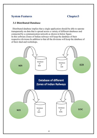 49
System Features Chapter3
3.1 Distributed Database
Distributed database implies that a single application should be able to operate
transparently on data that is spread across a variety of different databases and
connected by a communication network as shown in below figure.
In this software Zones of Indian railways will keep the database of their
respective divisions.In addition to that all the divisions will keep the database of
of their shed and workshops.
Database
of
NER
Database
of
ECR
Database
of
NCR
Database
of
SCRC
 