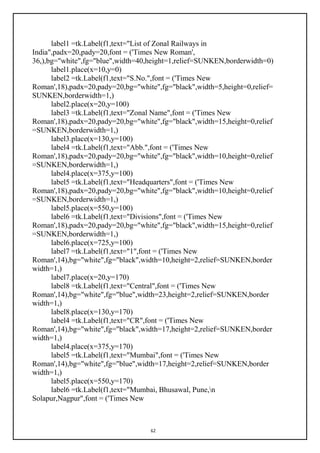 62
label1 =tk.Label(f1,text="List of Zonal Railways in
India",padx=20,pady=20,font = ('Times New Roman',
36,),bg="white",fg="blue",width=40,height=1,relief=SUNKEN,borderwidth=0)
label1.place(x=10,y=0)
label2 =tk.Label(f1,text="S.No.",font = ('Times New
Roman',18),padx=20,pady=20,bg="white",fg="black",width=5,height=0,relief=
SUNKEN,borderwidth=1,)
label2.place(x=20,y=100)
label3 =tk.Label(f1,text="Zonal Name",font = ('Times New
Roman',18),padx=20,pady=20,bg="white",fg="black",width=15,height=0,relief
=SUNKEN,borderwidth=1,)
label3.place(x=130,y=100)
label4 =tk.Label(f1,text="Abb.",font = ('Times New
Roman',18),padx=20,pady=20,bg="white",fg="black",width=10,height=0,relief
=SUNKEN,borderwidth=1,)
label4.place(x=375,y=100)
label5 =tk.Label(f1,text="Headquarters",font = ('Times New
Roman',18),padx=20,pady=20,bg="white",fg="black",width=10,height=0,relief
=SUNKEN,borderwidth=1,)
label5.place(x=550,y=100)
label6 =tk.Label(f1,text="Divisions",font = ('Times New
Roman',18),padx=20,pady=20,bg="white",fg="black",width=15,height=0,relief
=SUNKEN,borderwidth=1,)
label6.place(x=725,y=100)
label7 =tk.Label(f1,text="1",font = ('Times New
Roman',14),bg="white",fg="black",width=10,height=2,relief=SUNKEN,border
width=1,)
label7.place(x=20,y=170)
label8 =tk.Label(f1,text="Central",font = ('Times New
Roman',14),bg="white",fg="blue",width=23,height=2,relief=SUNKEN,border
width=1,)
label8.place(x=130,y=170)
label4 =tk.Label(f1,text="CR",font = ('Times New
Roman',14),bg="white",fg="black",width=17,height=2,relief=SUNKEN,border
width=1,)
label4.place(x=375,y=170)
label5 =tk.Label(f1,text="Mumbai",font = ('Times New
Roman',14),bg="white",fg="blue",width=17,height=2,relief=SUNKEN,border
width=1,)
label5.place(x=550,y=170)
label6 =tk.Label(f1,text="Mumbai, Bhusawal, Pune,n
Solapur,Nagpur",font = ('Times New
 