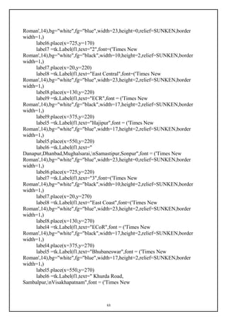 63
Roman',14),bg="white",fg="blue",width=23,height=0,relief=SUNKEN,border
width=1,)
label6.place(x=725,y=170)
label7 =tk.Label(f1,text="2",font=('Times New
Roman',14),bg="white",fg="black",width=10,height=2,relief=SUNKEN,border
width=1,)
label7.place(x=20,y=220)
label8 =tk.Label(f1,text="East Central",font=('Times New
Roman',14),bg="white",fg="blue",width=23,height=2,relief=SUNKEN,border
width=1,)
label8.place(x=130,y=220)
label9 =tk.Label(f1,text="ECR",font = ('Times New
Roman',14),bg="white",fg="black",width=17,height=2,relief=SUNKEN,border
width=1,)
label9.place(x=375,y=220)
label5 =tk.Label(f1,text="Hajipur",font = ('Times New
Roman',14),bg="white",fg="blue",width=17,height=2,relief=SUNKEN,border
width=1,)
label5.place(x=550,y=220)
label6 =tk.Label(f1,text="
Danapur,Dhanbad,Mughalsarai,nSamastipur,Sonpur",font = ('Times New
Roman',14),bg="white",fg="blue",width=23,height=0,relief=SUNKEN,border
width=1,)
label6.place(x=725,y=220)
label7 =tk.Label(f1,text="3",font=('Times New
Roman',14),bg="white",fg="black",width=10,height=2,relief=SUNKEN,border
width=1,)
label7.place(x=20,y=270)
label8 =tk.Label(f1,text="East Coast",font=('Times New
Roman',14),bg="white",fg="blue",width=23,height=2,relief=SUNKEN,border
width=1,)
label8.place(x=130,y=270)
label4 =tk.Label(f1,text="ECoR",font = ('Times New
Roman',14),bg="white",fg="black",width=17,height=2,relief=SUNKEN,border
width=1,)
label4.place(x=375,y=270)
label5 =tk.Label(f1,text="Bhubaneswar",font = ('Times New
Roman',14),bg="white",fg="blue",width=17,height=2,relief=SUNKEN,border
width=1,)
label5.place(x=550,y=270)
label6 =tk.Label(f1,text=" Khurda Road,
Sambalpur,nVisakhapatnam",font = ('Times New
 