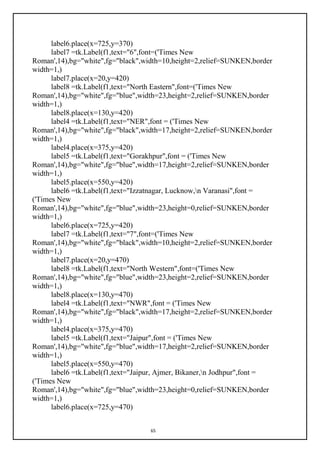 65
label6.place(x=725,y=370)
label7 =tk.Label(f1,text="6",font=('Times New
Roman',14),bg="white",fg="black",width=10,height=2,relief=SUNKEN,border
width=1,)
label7.place(x=20,y=420)
label8 =tk.Label(f1,text="North Eastern",font=('Times New
Roman',14),bg="white",fg="blue",width=23,height=2,relief=SUNKEN,border
width=1,)
label8.place(x=130,y=420)
label4 =tk.Label(f1,text="NER",font = ('Times New
Roman',14),bg="white",fg="black",width=17,height=2,relief=SUNKEN,border
width=1,)
label4.place(x=375,y=420)
label5 =tk.Label(f1,text="Gorakhpur",font = ('Times New
Roman',14),bg="white",fg="blue",width=17,height=2,relief=SUNKEN,border
width=1,)
label5.place(x=550,y=420)
label6 =tk.Label(f1,text="Izzatnagar, Lucknow,n Varanasi",font =
('Times New
Roman',14),bg="white",fg="blue",width=23,height=0,relief=SUNKEN,border
width=1,)
label6.place(x=725,y=420)
label7 =tk.Label(f1,text="7",font=('Times New
Roman',14),bg="white",fg="black",width=10,height=2,relief=SUNKEN,border
width=1,)
label7.place(x=20,y=470)
label8 =tk.Label(f1,text="North Western",font=('Times New
Roman',14),bg="white",fg="blue",width=23,height=2,relief=SUNKEN,border
width=1,)
label8.place(x=130,y=470)
label4 =tk.Label(f1,text="NWR",font = ('Times New
Roman',14),bg="white",fg="black",width=17,height=2,relief=SUNKEN,border
width=1,)
label4.place(x=375,y=470)
label5 =tk.Label(f1,text="Jaipur",font = ('Times New
Roman',14),bg="white",fg="blue",width=17,height=2,relief=SUNKEN,border
width=1,)
label5.place(x=550,y=470)
label6 =tk.Label(f1,text="Jaipur, Ajmer, Bikaner,n Jodhpur",font =
('Times New
Roman',14),bg="white",fg="blue",width=23,height=0,relief=SUNKEN,border
width=1,)
label6.place(x=725,y=470)
 