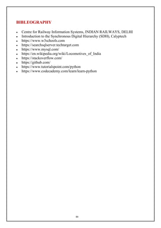 84
BIBLEOGRAPHY
 Centre for Railway Information Systems, INDIAN RAILWAYS, DELHI
 Introduction to the Synchronous Digital Hierarchy (SDH), Calyptech
 https://www.w3schools.com
 https://searchsqlserver.techtarget.com
 https://www.mysql.com/
 https://en.wikipedia.org/wiki/Locomotives_of_India
 https://stackoverflow.com/
 https://github.com/
 https://www.tutorialspoint.com/python
 https://www.codecademy.com/learn/learn-python
 