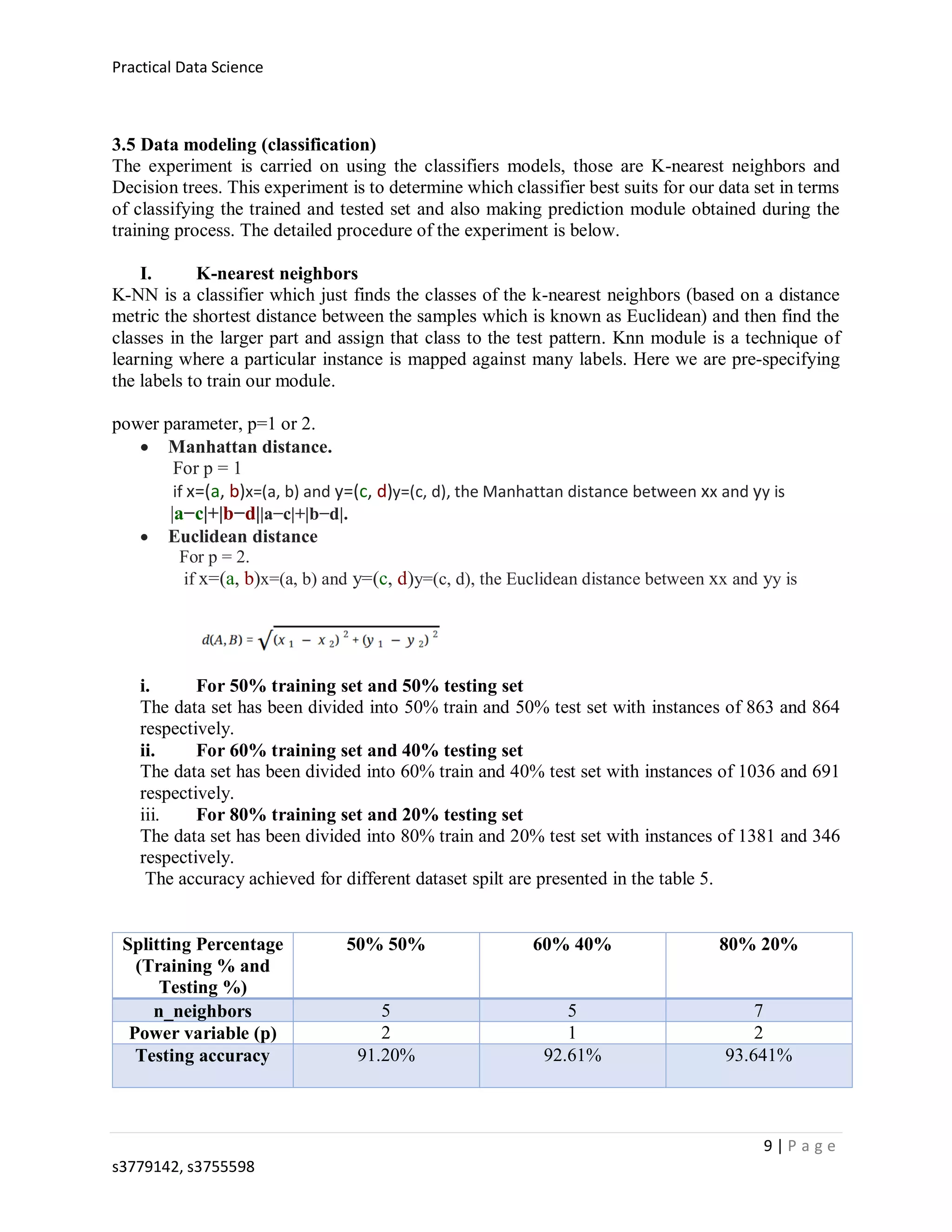 Practical Data Science
9 | P a g e
s3779142, s3755598
3.5 Data modeling (classification)
The experiment is carried on using the classifiers models, those are K-nearest neighbors and
Decision trees. This experiment is to determine which classifier best suits for our data set in terms
of classifying the trained and tested set and also making prediction module obtained during the
training process. The detailed procedure of the experiment is below.
I. K-nearest neighbors
K-NN is a classifier which just finds the classes of the k-nearest neighbors (based on a distance
metric the shortest distance between the samples which is known as Euclidean) and then find the
classes in the larger part and assign that class to the test pattern. Knn module is a technique of
learning where a particular instance is mapped against many labels. Here we are pre-specifying
the labels to train our module.
power parameter, p=1 or 2.
 Manhattan distance.
For p = 1
if x=(a, b)x=(a, b) and y=(c, d)y=(c, d), the Manhattan distance between xx and yy is
|a−c|+|b−d||a−c|+|b−d|.
 Euclidean distance
For p = 2.
if x=(a, b)x=(a, b) and y=(c, d)y=(c, d), the Euclidean distance between xx and yy is
i. For 50% training set and 50% testing set
The data set has been divided into 50% train and 50% test set with instances of 863 and 864
respectively.
ii. For 60% training set and 40% testing set
The data set has been divided into 60% train and 40% test set with instances of 1036 and 691
respectively.
iii. For 80% training set and 20% testing set
The data set has been divided into 80% train and 20% test set with instances of 1381 and 346
respectively.
The accuracy achieved for different dataset spilt are presented in the table 5.
Splitting Percentage
(Training % and
Testing %)
50% 50% 60% 40% 80% 20%
n_neighbors 5 5 7
Power variable (p) 2 1 2
Testing accuracy 91.20% 92.61% 93.641%
 