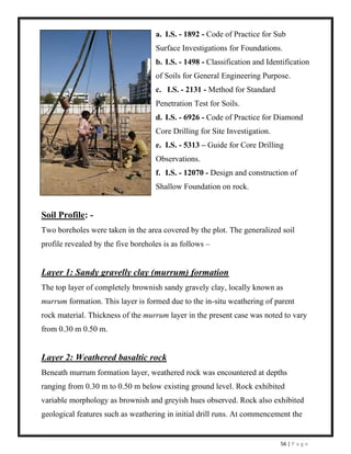 56 | P a g e
a. I.S. - 1892 - Code of Practice for Sub
Surface Investigations for Foundations.
b. I.S. - 1498 - Classification and Identification
of Soils for General Engineering Purpose.
c. I.S. - 2131 - Method for Standard
Penetration Test for Soils.
d. I.S. - 6926 - Code of Practice for Diamond
Core Drilling for Site Investigation.
e. I.S. - 5313 – Guide for Core Drilling
Observations.
f. I.S. - 12070 - Design and construction of
Shallow Foundation on rock.
Soil Profile: -
Two boreholes were taken in the area covered by the plot. The generalized soil
profile revealed by the five boreholes is as follows –
Layer 1: Sandy gravelly clay (murrum) formation
The top layer of completely brownish sandy gravely clay, locally known as
murrum formation. This layer is formed due to the in-situ weathering of parent
rock material. Thickness of the murrum layer in the present case was noted to vary
from 0.30 m 0.50 m.
Layer 2: Weathered basaltic rock
Beneath murrum formation layer, weathered rock was encountered at depths
ranging from 0.30 m to 0.50 m below existing ground level. Rock exhibited
variable morphology as brownish and greyish hues observed. Rock also exhibited
geological features such as weathering in initial drill runs. At commencement the
 