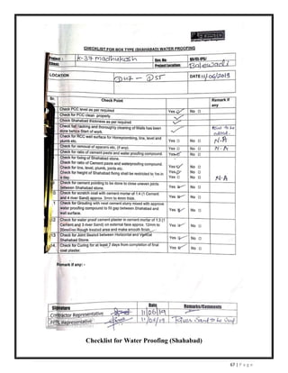 67 | P a g e
Checklist for Water Proofing (Shahabad)
 