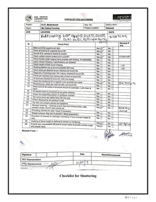 70 | P a g e
Checklist for Shuttering
 