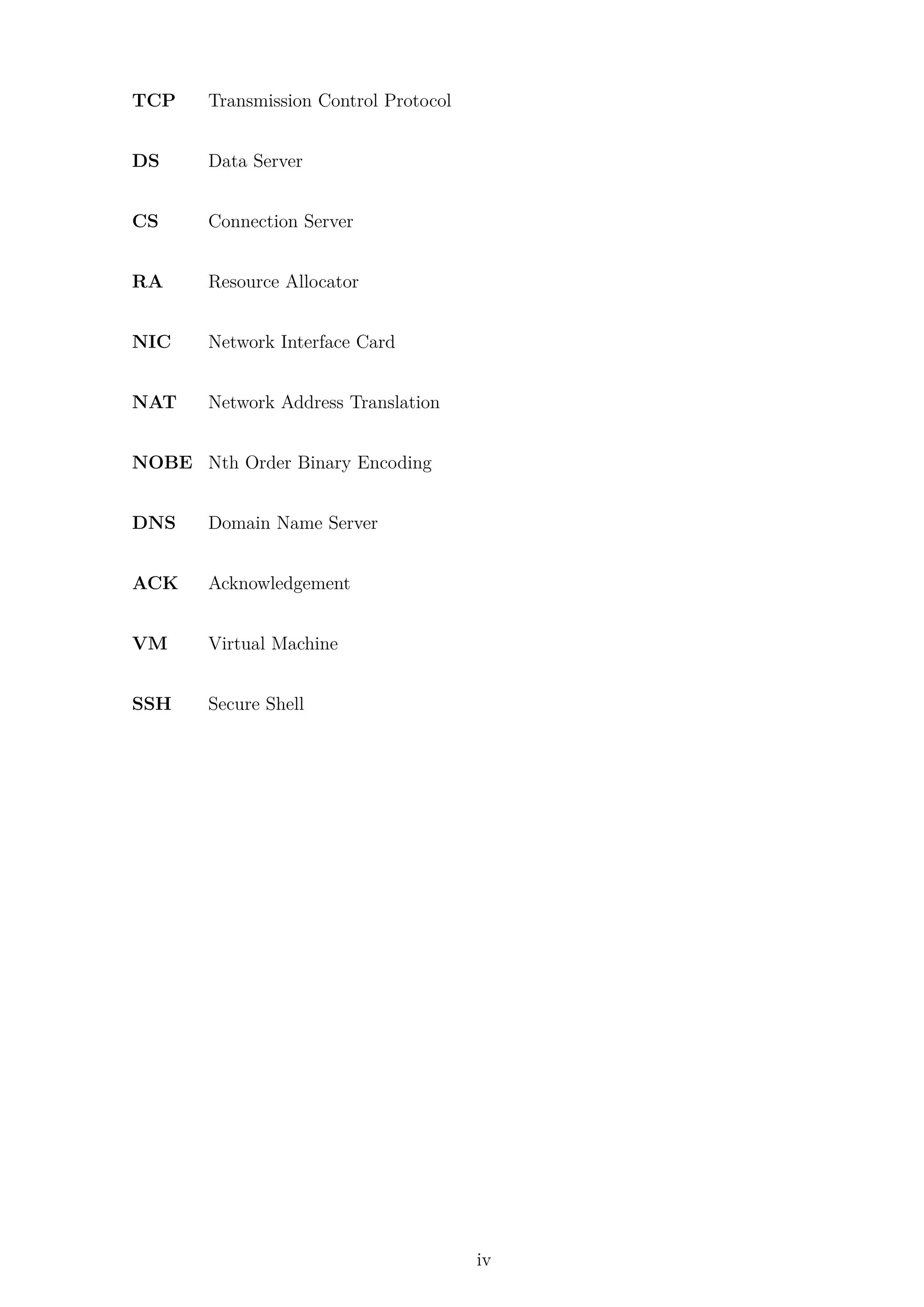 TCP Transmission Control Protocol
DS Data Server
CS Connection Server
RA Resource Allocator
NIC Network Interface Card
NAT Network Address Translation
NOBE Nth Order Binary Encoding
DNS Domain Name Server
ACK Acknowledgement
VM Virtual Machine
SSH Secure Shell
iv
 