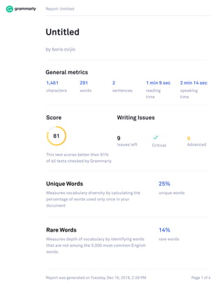 Report: Untitled
Page 1 of 4Report was generated on Tuesday, Dec 10, 2019, 2:28 PM
Untitled
by boris cvijic
General metrics
1,461 291 2 1 min 9 sec 2 min 14 sec
characters words sentences reading
time
speaking
time
Score Writing Issues
81
This text scores better than 81%
of all texts checked by Grammarly
9
Issues left Critical
9
Advanced
Unique Words 25%
Measures vocabulary diversity by calculating the
percentage of words used only once in your
document
unique words
Rare Words 14%
Measures depth of vocabulary by identifying words
that are not among the 5,000 most common English
words.
rare words
 
