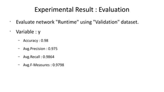 Experimental Result : Evaluation
?
Evaluate network "Runtime" using "Validation" dataset.
?
Variable : y
C Accuracy : 0.98
C Avg.Precision : 0.975
C Avg.Recall : 0.9864
C Avg.F-Measures : 0.9798
 