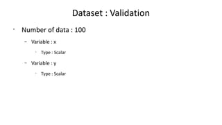 Dataset : Validation
?
Number of data : 100
C Variable : x
?
Type : Scalar
C Variable : y
?
Type : Scalar
 