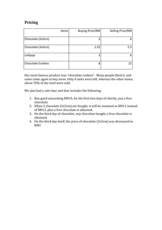 Pricing
Items

Buying Price/RM

Selling Price/RM

Chocolate (5x5cm)

3

6

Chocolate (3x3cm)

1.25

2.5

Lollipop

3

6

Chocolate Cookies

8

12

Our most famous product was “chocolate cookies”. Many people liked it, and
some came again to buy more. Only 6 units were left, whereas the other items;
about 70% of the total were sold.
We also had a sale time and that includes the following;
1. Buy good amounting RM10, for the first two days of charity, you a free
chocolate.
2. When 2 chocolate (5x5cm) are bought, it will be summed as RM11 instead
of RM12, plus a free chocolate is obtained.
3. On the third day of chocolate, any chocolate bought, a free chocolate is
obtained.
4. On the third day itself, the price of chocolate (3x3cm) was decreased to
RM2

 