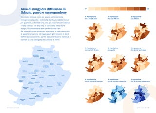17 18
Torino come stai Torino come stai
Il contesto torinese è noto per essere particolarmente
eterogeneo dal punto di vista della distribuzione delle risorse
per quartiere. A fronte di una zona più ricca nel centro storico
e nella collina a est della città, vi sono delle aree di forte
disagio, in concomitanza delle periferie nord e sud.
Per osservare come stavano gli intervistati in base al territorio
di appartenenza sono stati raggruppati gli intervistati in decili
(definiti esclusivamente a partire dalla distribuzione statistica) e
riportati su una cartografia del Comune di Torino.
Aree di maggiore diffusione di
fiducia, paura o rassegnazione
FALCHERA
CENTRO
MADONNA
DEL
PILONE
MADONNA DI
CAMPAGNA
VALLETTE
AURORA
SAN
SALVARIO
BORGO PO
NIZZA
MILLEFONTI
LINGOTTO
PARELLA
CROCETTA
SANTA
RITA
BORGO
VITTORIA
MIRAFIORI
SUD
POZZO
STRADA
BORGO
SAN PAOLO
CIT TURIN VANCHIGLIA
BARRIERA
DI MILANO
BERTOLLA
VILLARETTO
LUCENTO
SASSI
CAVORETTO
FILADELFIA
CENISIA
BARCA
SAN
DONATO
CAMPIDOGLIO
REBAUDENGO
REGIO
PARCO
BORGATA
LESNA
MIRAFIORI
NORD
% Popolazione
tra i 18-25 anni
% Popolazione
con carichi di cura
% Popolazione
che si dichiara fiduciosa
% Popolazione
tra i 36-45 anni
% Popolazione
occupata
% Popolazione
che si dichiara impaurita
% Popolazione
con 65 anni
% Popolazione
che lavora fuori casa
% Popolazione
che si dichiara rassegnata
 